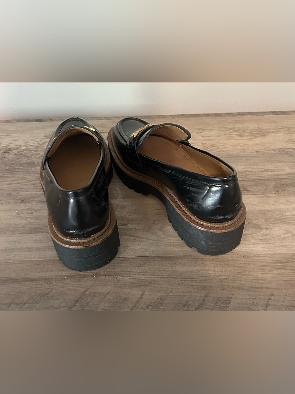 Sam Edelman Black Leather Lug Sole Loafers Gold Horsebit Detail Size 10 - Picture 7 of 9